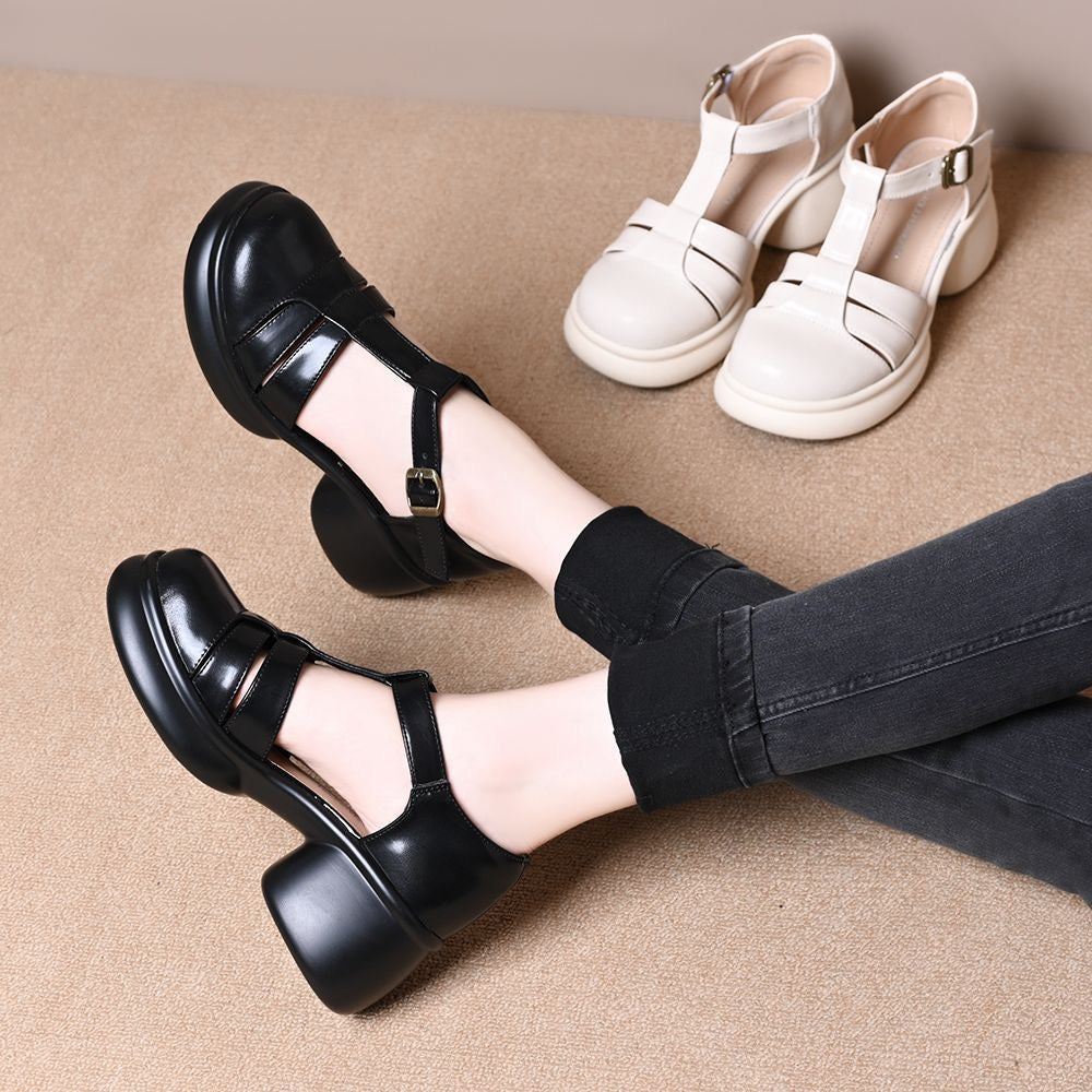 Zapatos de piel con punta redonda y tacón grueso