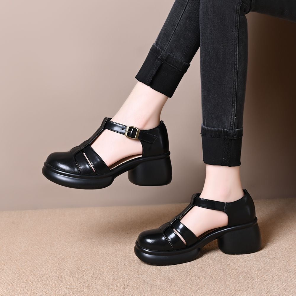 Zapatos de piel con punta redonda y tacón grueso