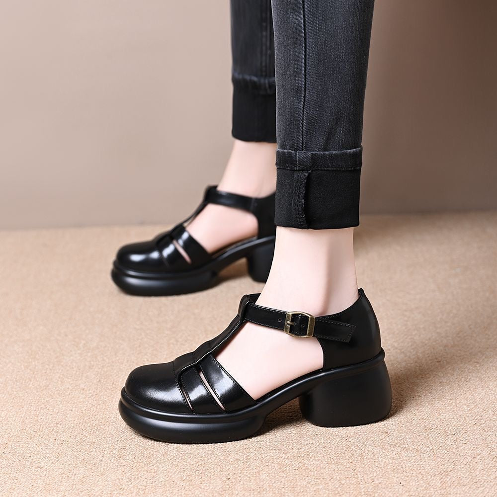 Zapatos de piel con punta redonda y tacón grueso