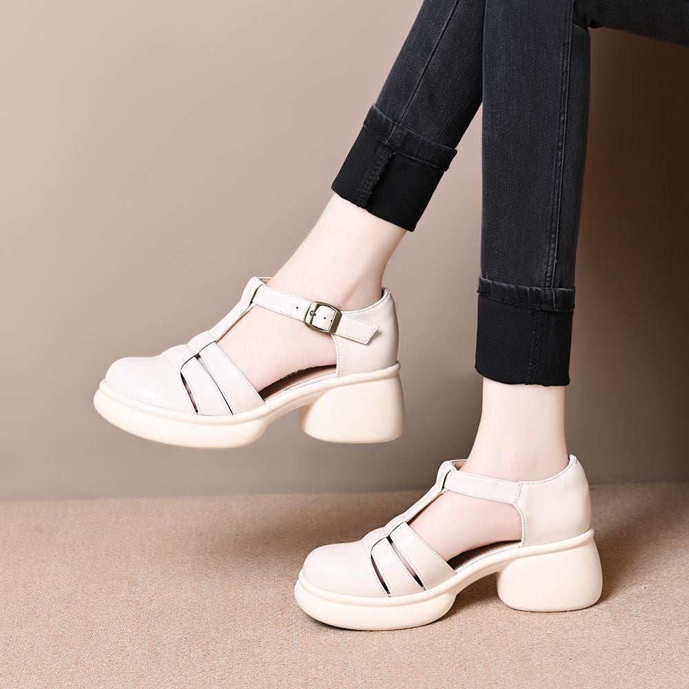 Zapatos de piel con punta redonda y tacón grueso