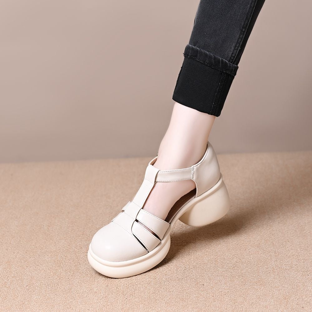 Zapatos de piel con punta redonda y tacón grueso