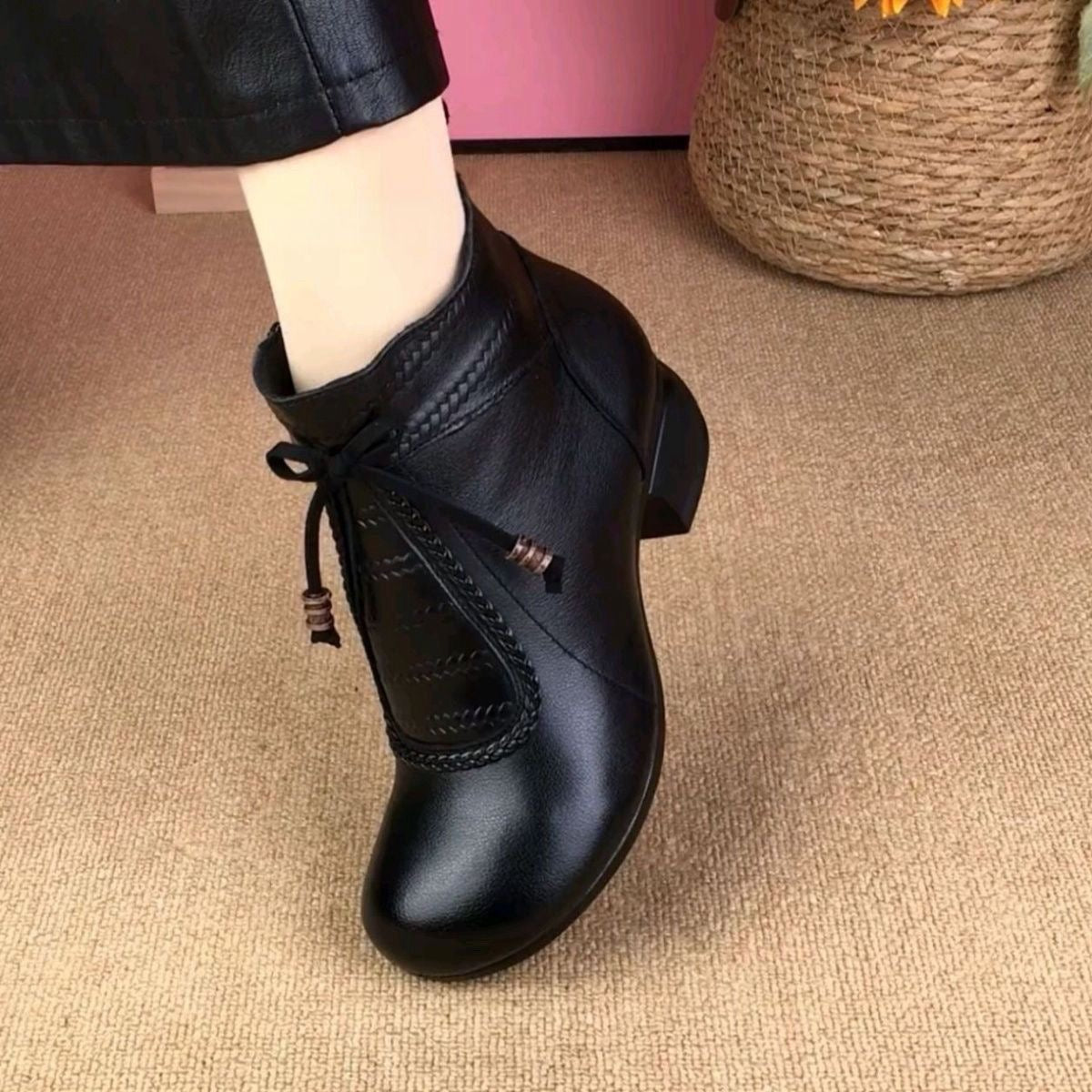 Botas de tacón medio de piel auténtica