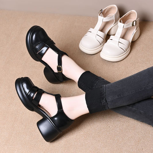 Zapatos de piel con punta redonda y tacón grueso